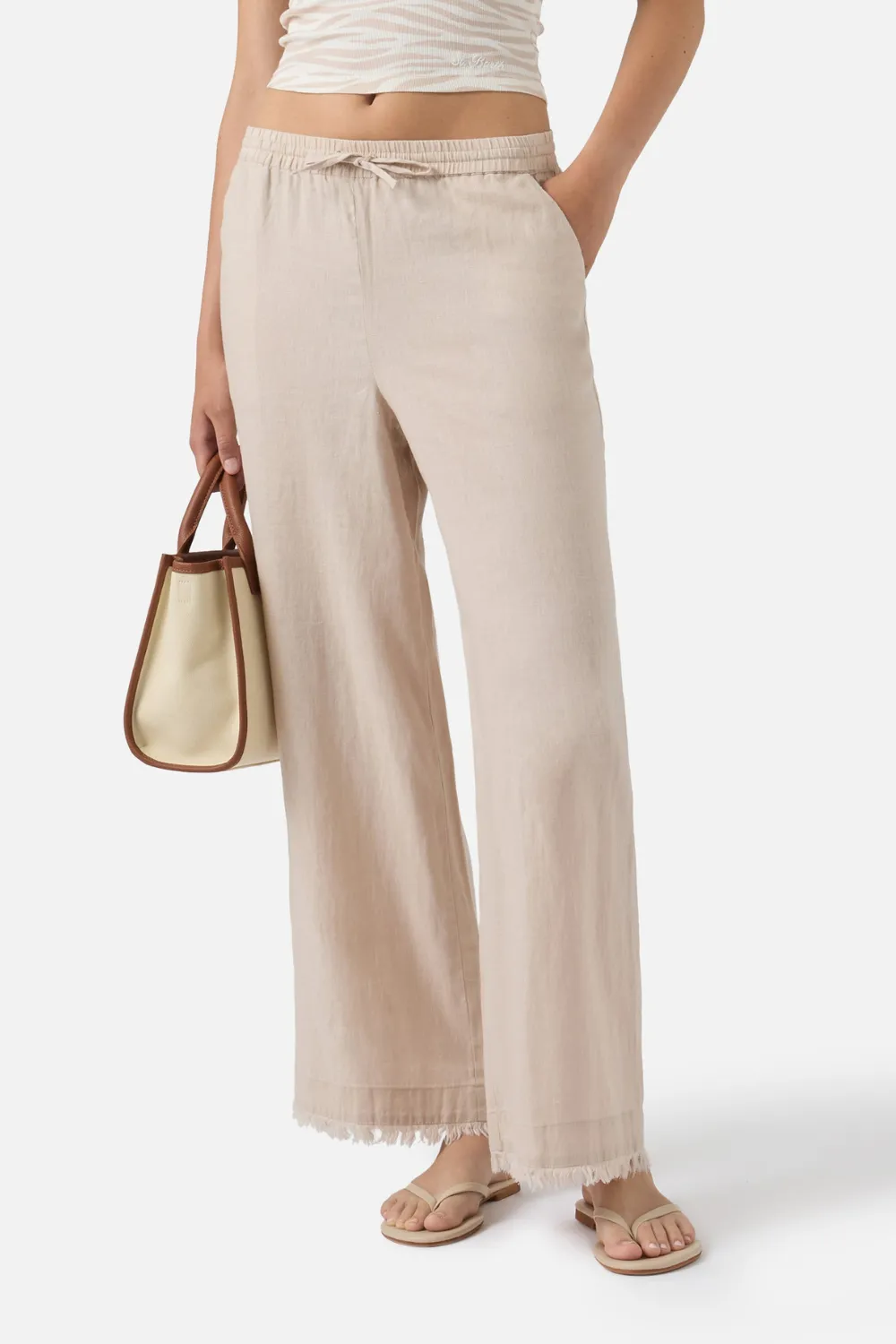 Irma Beige Linen Trousers with Frayed Hem sold by Sand Dollar