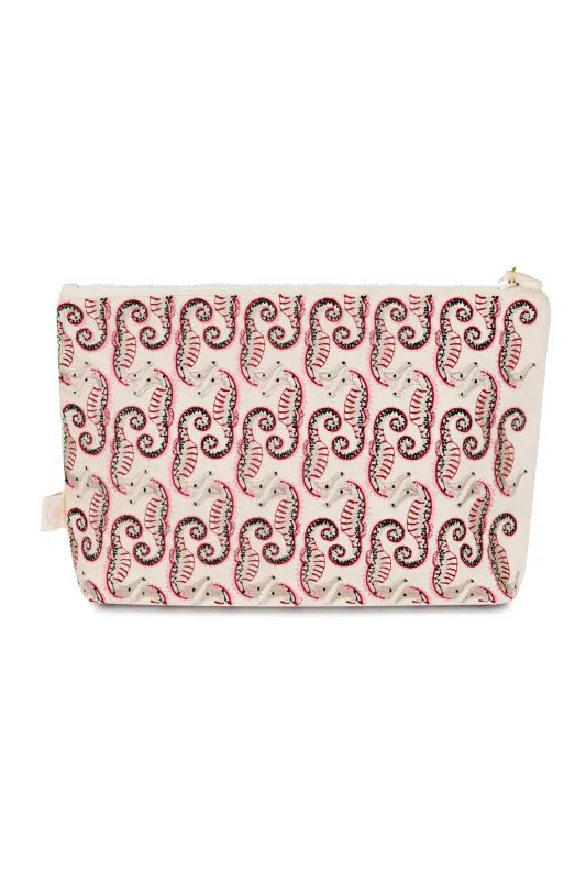 Seahorse Embroidered Wet Bikini Pouch Cream made by Sand Dollar