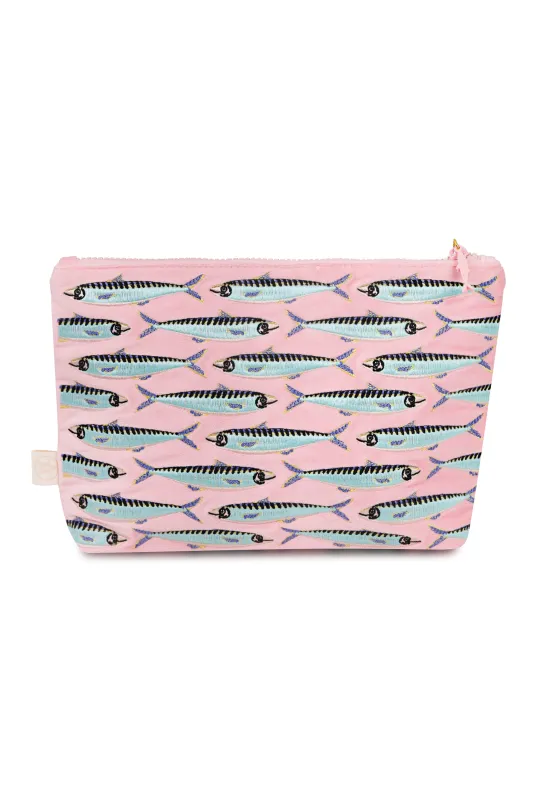 Sardines Embroidered Wet Bikini Pouch Pink made by Sand Dollar