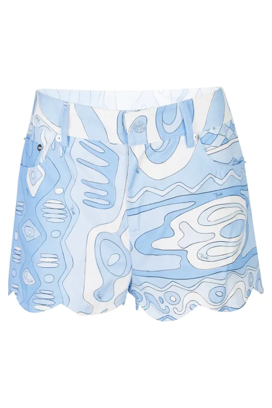 Angoli Print Scallop Trim Shorts Pale Blue made by Emilio Pucci