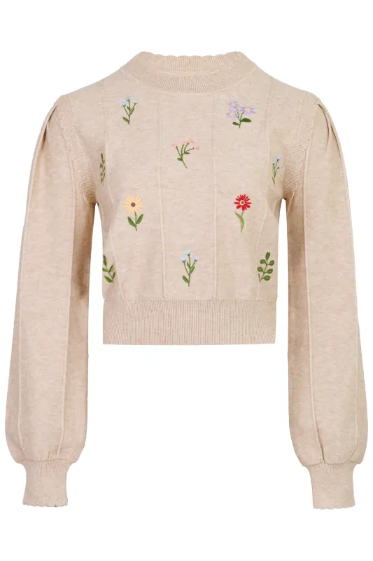 Floral Pointelle Sweater Top Taupe made by MABLE