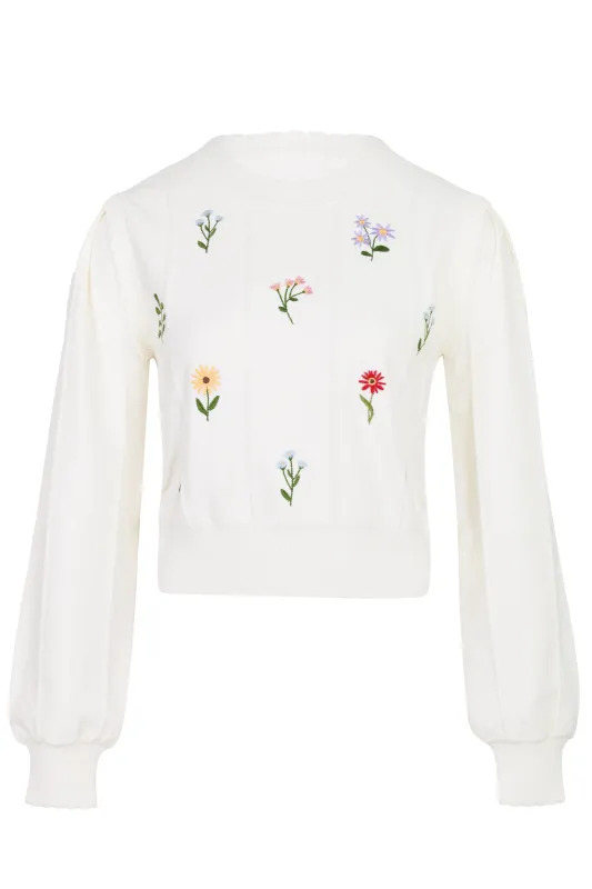 Floral Pointelle Sweater Top Cream made by MABLE