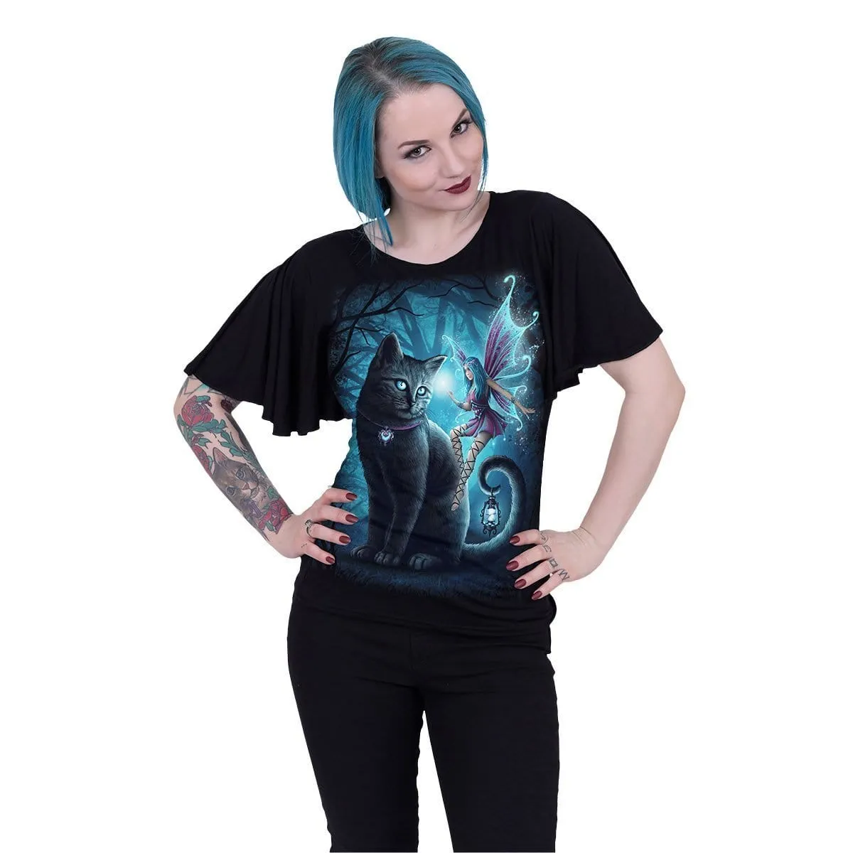 CAT AND FAIRY - Boat Neck Bat Sleeve Top Black sold by Spiral Direct product image thumbnail 2