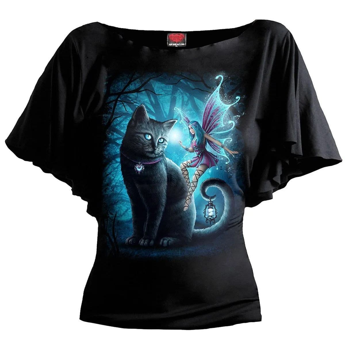 CAT AND FAIRY - Boat Neck Bat Sleeve Top Black sold by Spiral Direct
