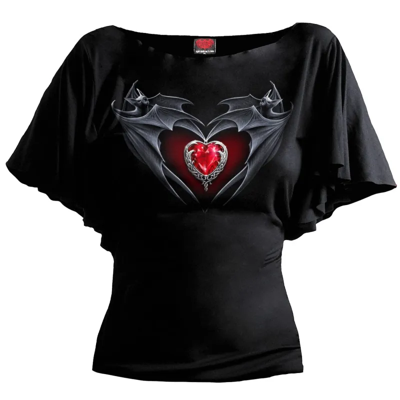 BAT'S HEART - Boat Neck Bat Sleeve Top Black sold by Spiral Direct