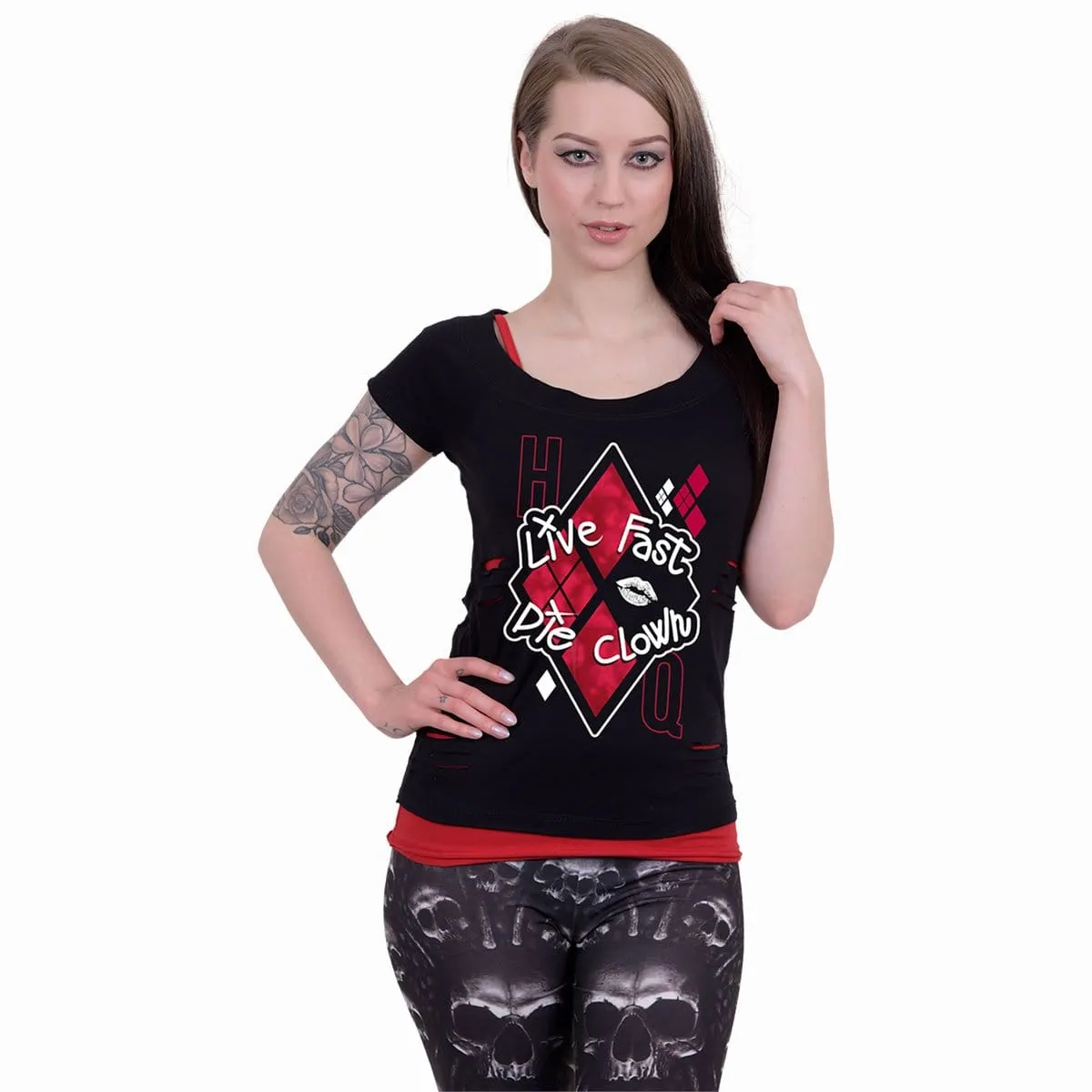 HARLEY QUINN - DIE CLOWN - 2in1 Red Ripped Top Black sold by Spiral Direct product image thumbnail 2