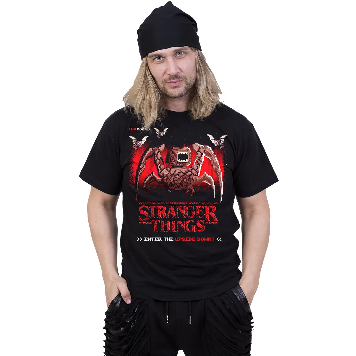 STRANGER THINGS - 8 BIT UPSIDE DOWN - Front Print T-Shirt Black sold by Spiral Direct product image thumbnail 2