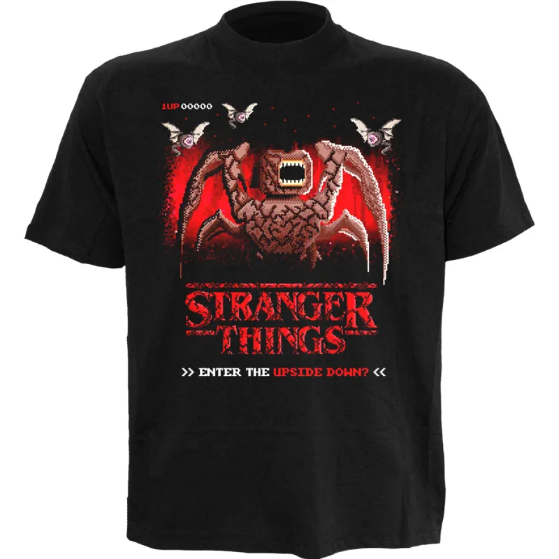 STRANGER THINGS - 8 BIT UPSIDE DOWN - Front Print T-Shirt Black sold by Spiral Direct