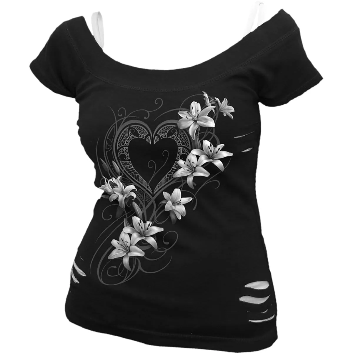 PURE OF HEART - 2in1 White Ripped Top Black sold by Spiral Direct