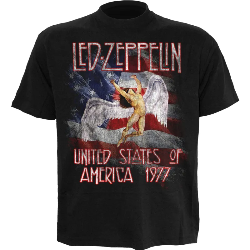 LED ZEPPELIN - STARS N STRIPES USA 77 - T-SHIRT - Front Print T-Shirt Black sold by Spiral Direct
