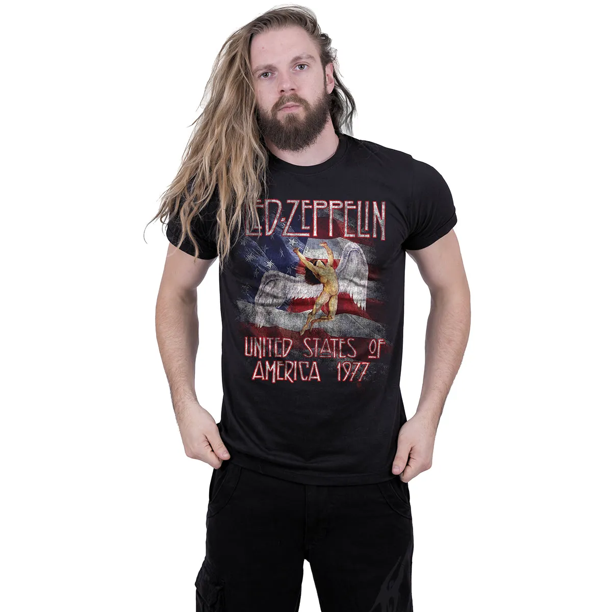 LED ZEPPELIN - STARS N STRIPES USA 77 - T-SHIRT - Front Print T-Shirt Black sold by Spiral Direct product image thumbnail 2