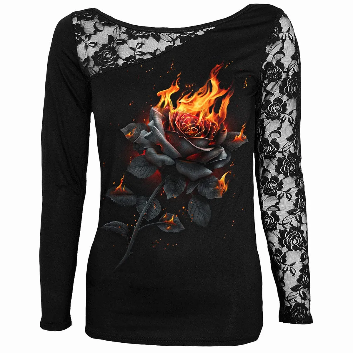 FLAMING ROSE - Lace One Shoulder Top Black sold by Spiral Direct