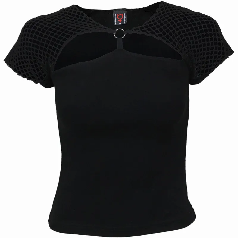 GOTHIC ROCK - Mesh Ring Cap Sleeve Top Black sold by Spiral Direct