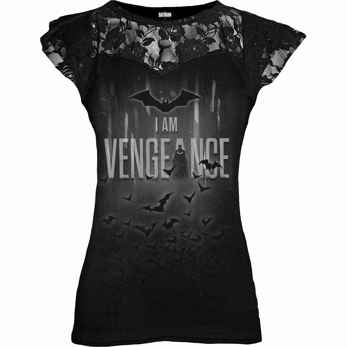 THE BATMAN - I AM VENGEANCE - Lace Layered Cap Sleeve Top Black sold by Spiral Direct