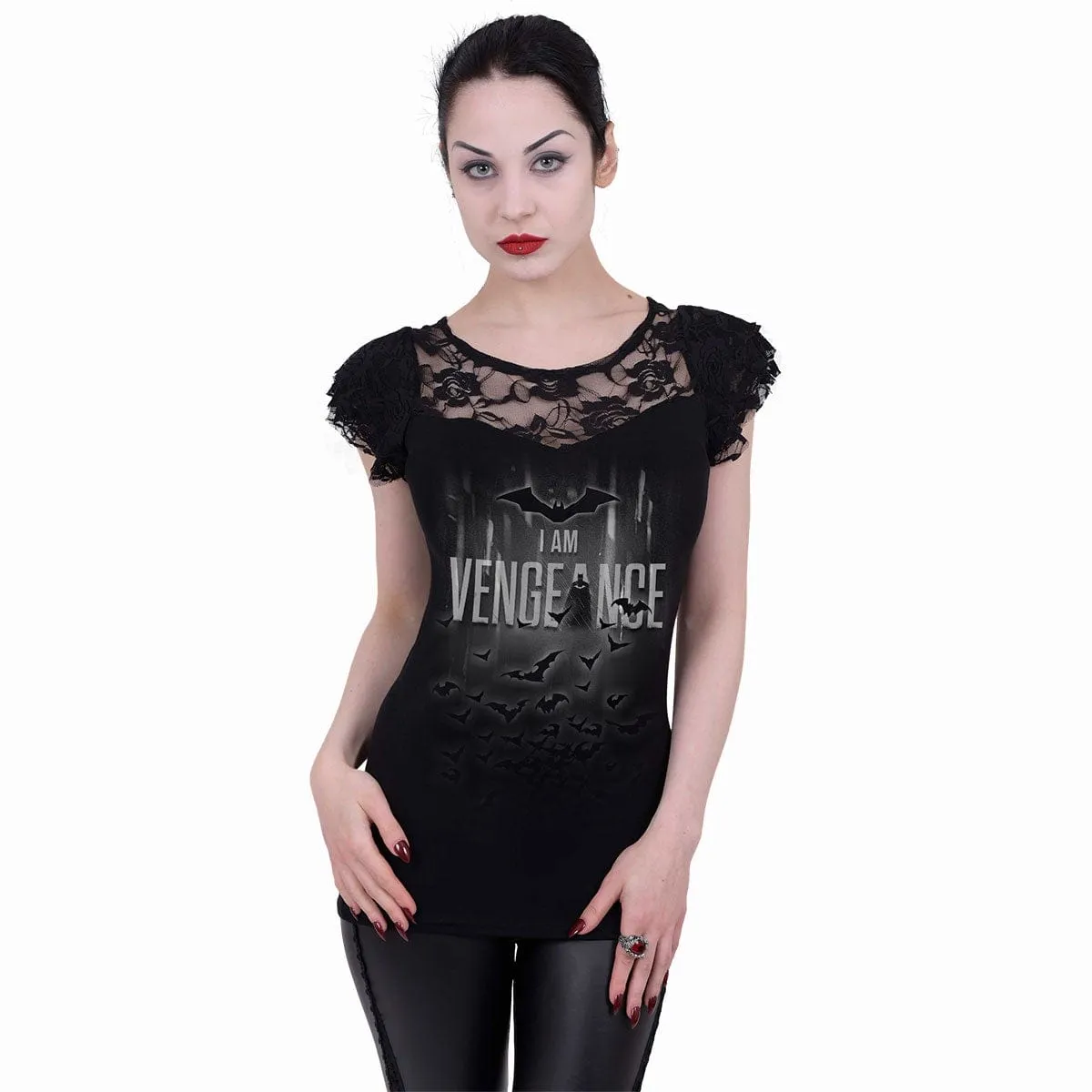 THE BATMAN - I AM VENGEANCE - Lace Layered Cap Sleeve Top Black sold by Spiral Direct product image thumbnail 2
