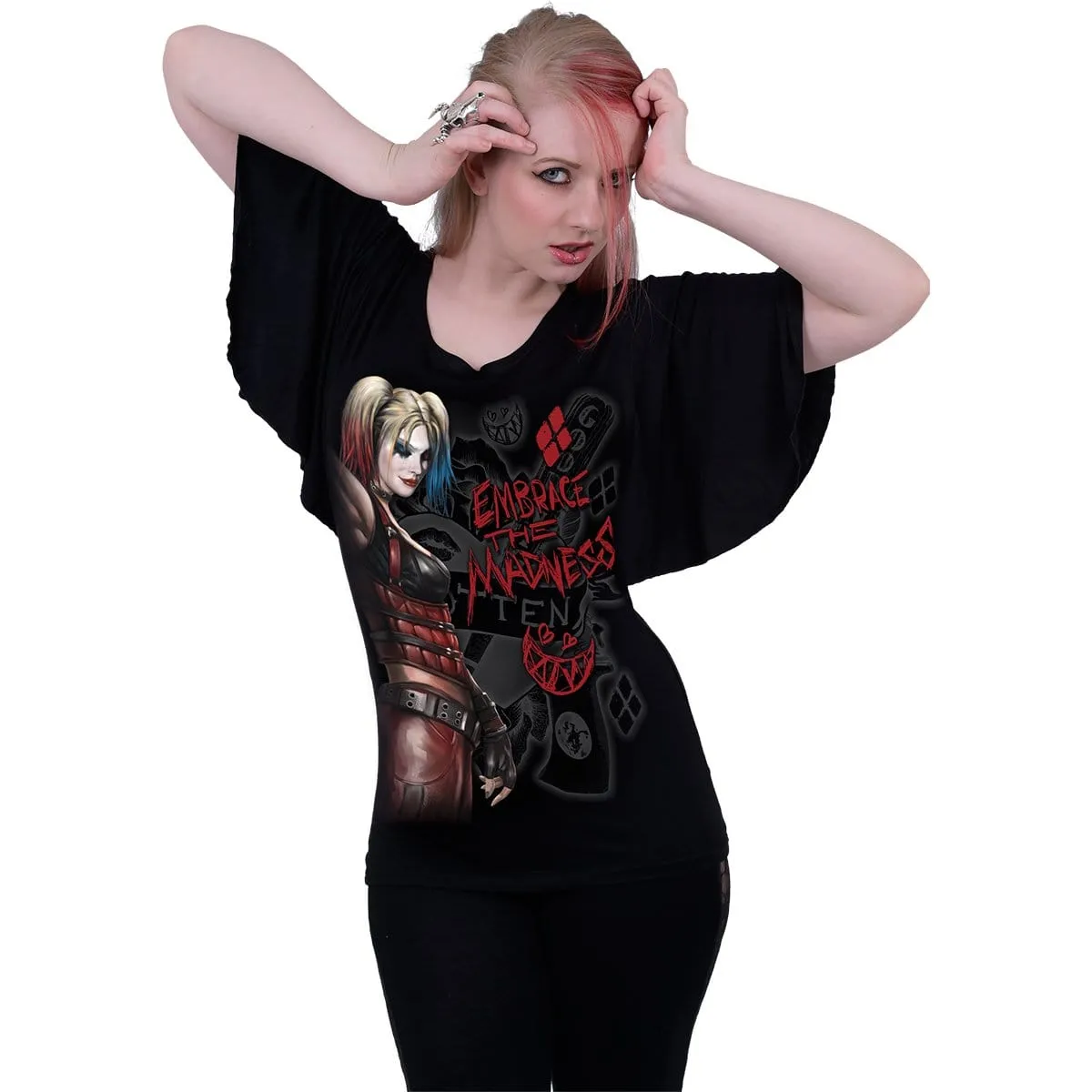 HARLEY QUINN - EMBRACE MADNESS - Boat Neck Bat Sleeve Top Black sold by Spiral Direct product image thumbnail 2