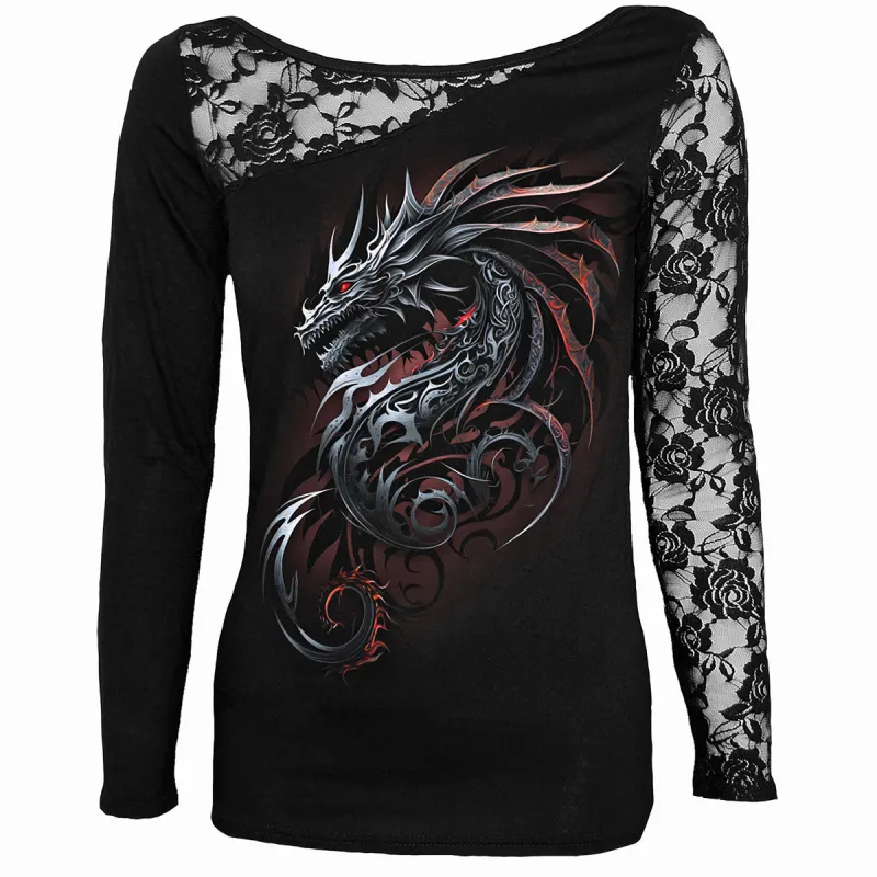 DRAGON SHARDS - Lace One Shoulder Top Black sold by Spiral Direct