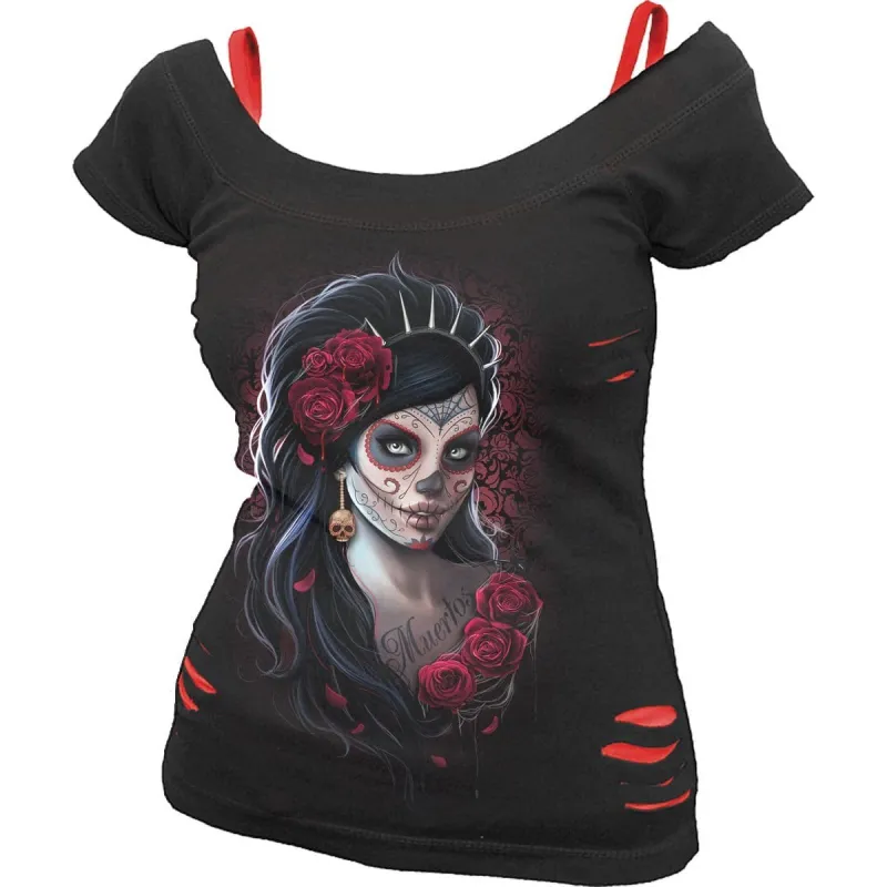 DAY OF THE DEAD - 2in1 Red Ripped Top Black sold by Spiral Direct
