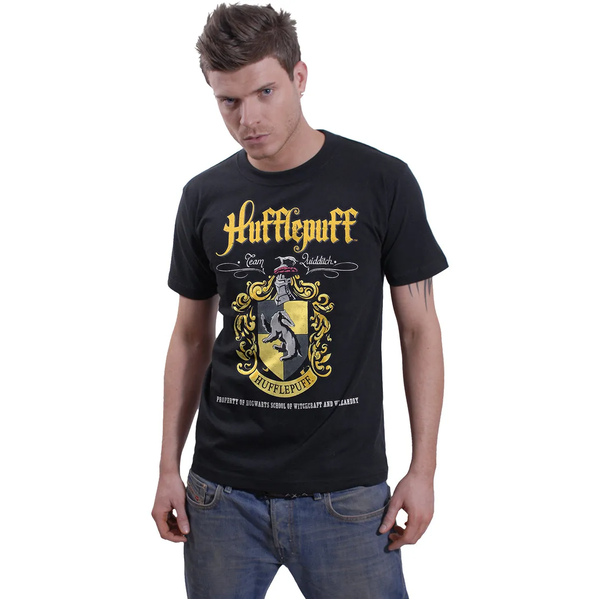 HARRY POTTER - HUFFLEPUFF CREST - Front Print T-Shirt Black sold by Spiral Direct product image thumbnail 2