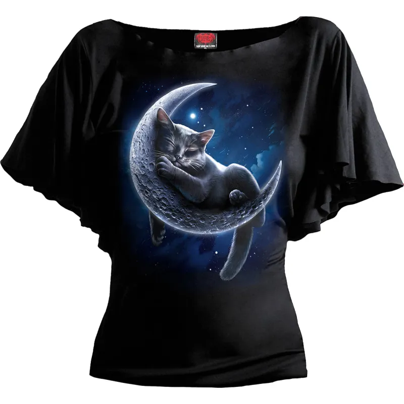 VELVET MOON - Boat Neck Bat Sleeve Top Black sold by Spiral Direct