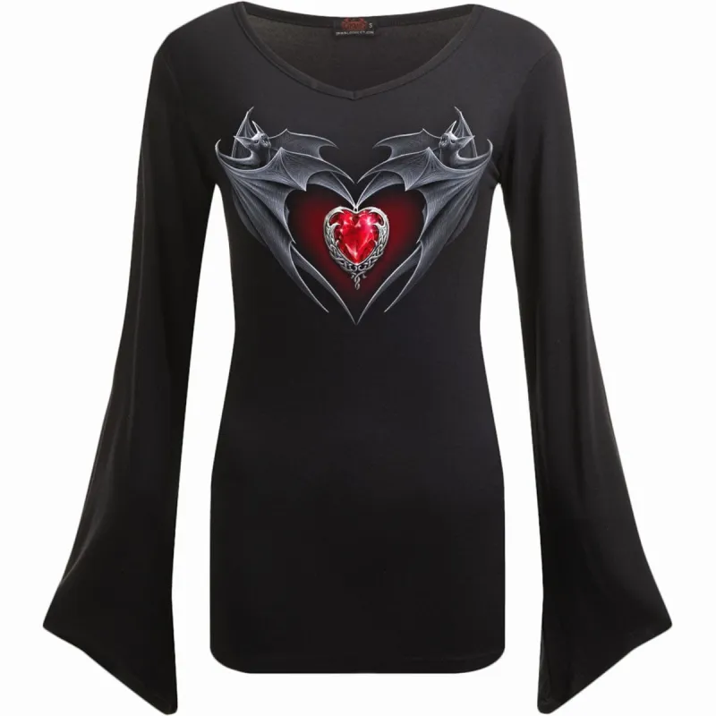 BAT'S HEART - V Neck Goth Sleeve Top Black sold by Spiral Direct