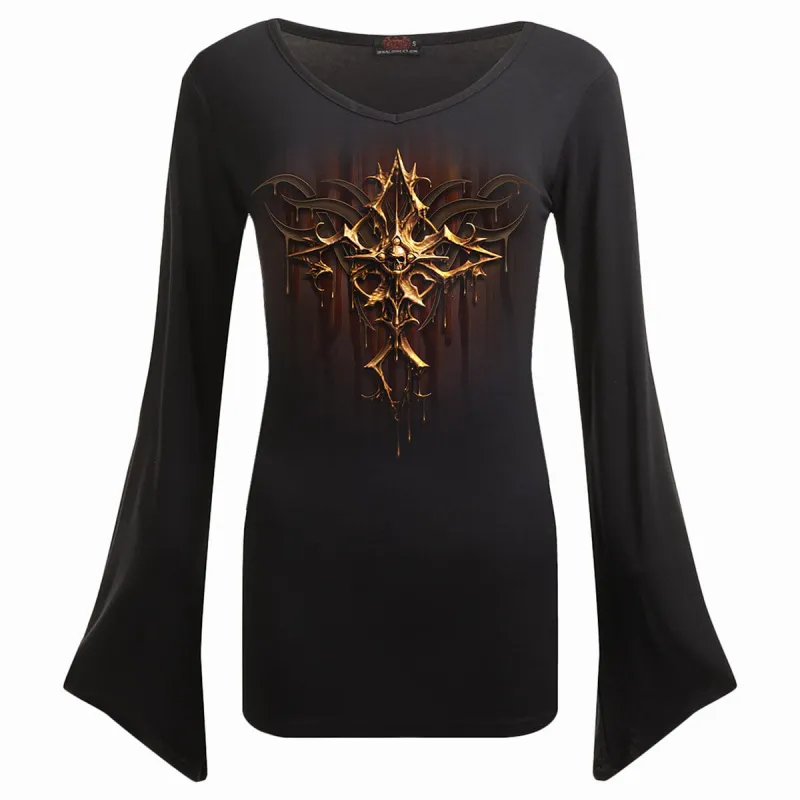 DRIPPING GOLD - V Neck Goth Sleeve Top Black sold by Spiral Direct