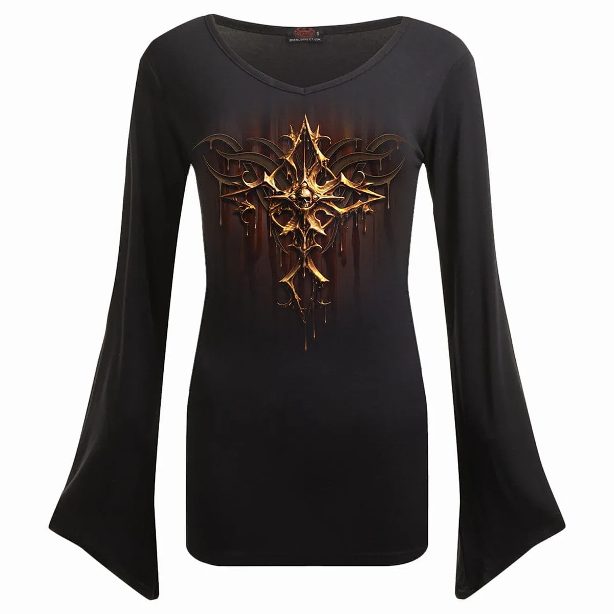 DRIPPING GOLD - V Neck Goth Sleeve Top Black sold by Spiral Direct