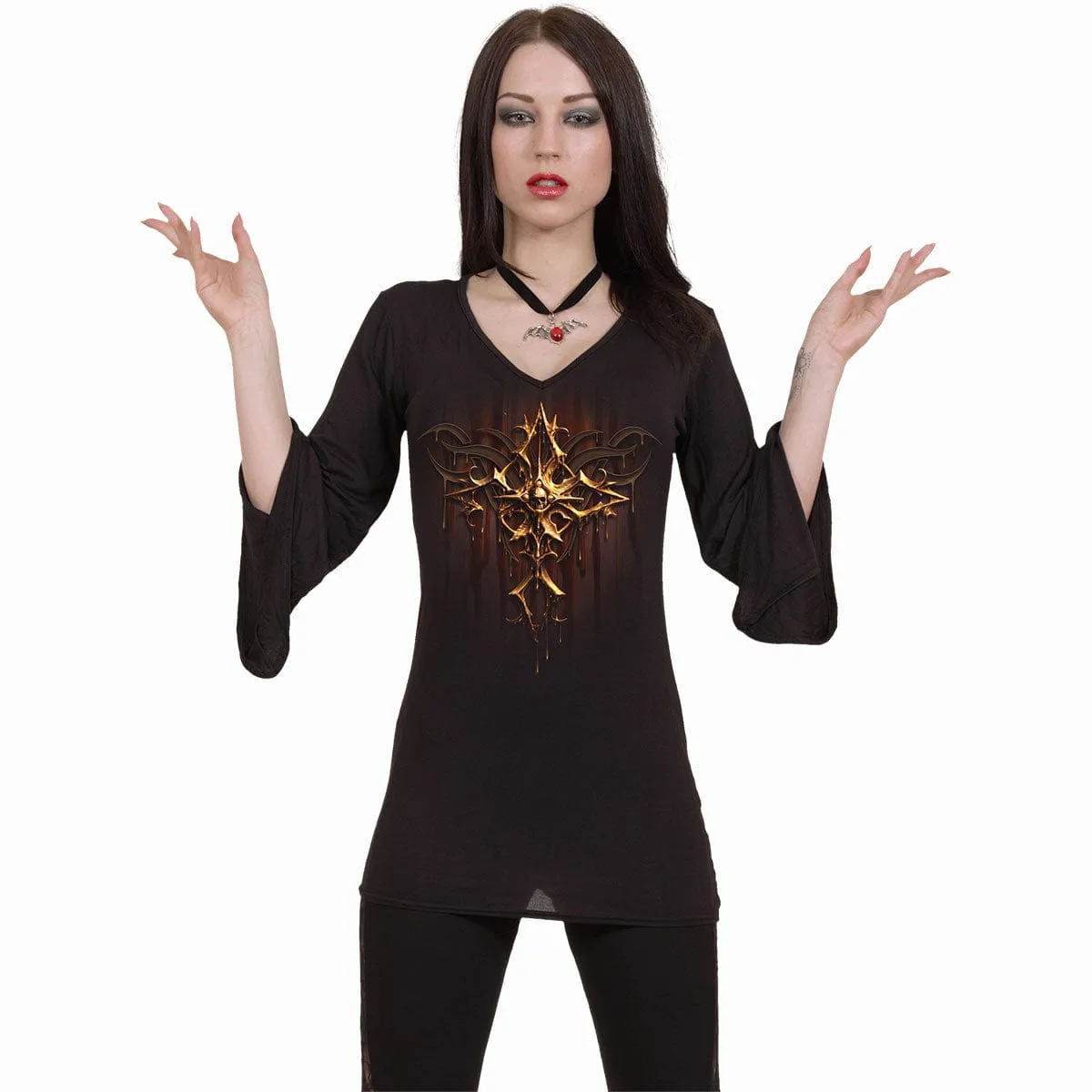 DRIPPING GOLD - V Neck Goth Sleeve Top Black sold by Spiral Direct product image thumbnail 2