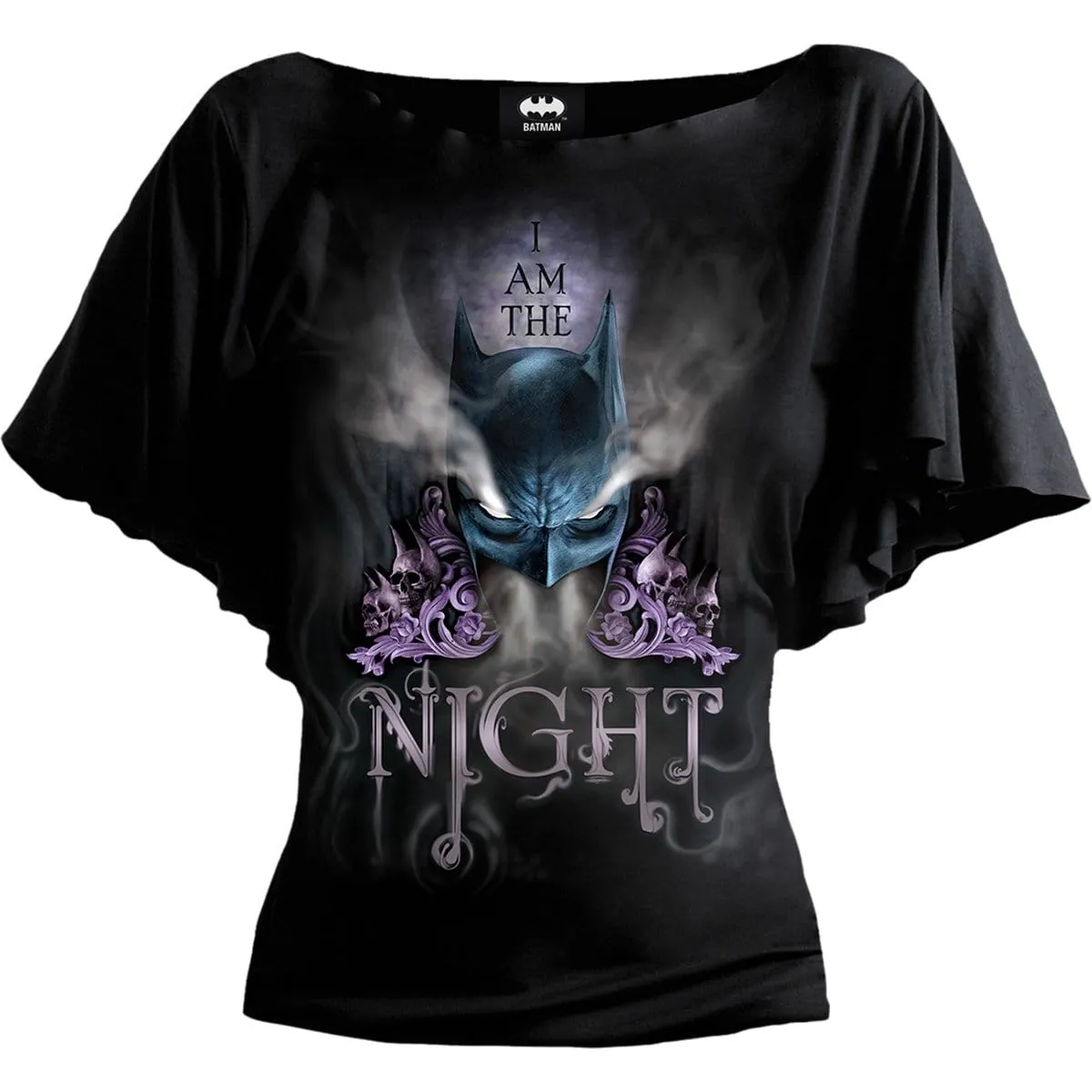 BATMAN - I AM THE NIGHT - Boat Neck Bat Sleeve Top Black sold by Spiral Direct
