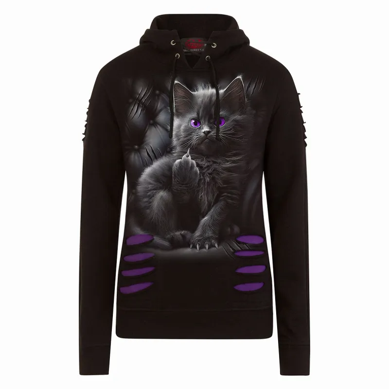 CATTITUDE - Large Hood Ripped Hoody Purple-Black sold by Spiral Direct