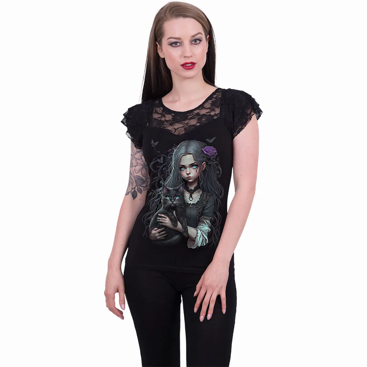 GOTH FAMILIAR - Lace Layered Cap Sleeve Top Black sold by Spiral Direct product image thumbnail 2