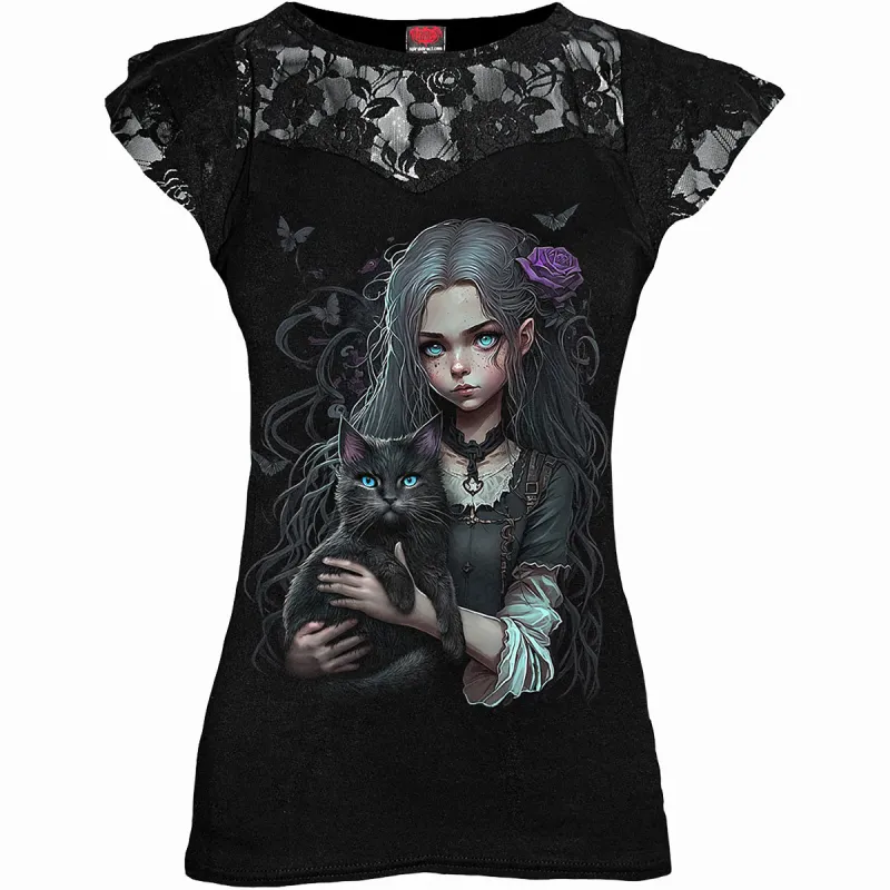 GOTH FAMILIAR - Lace Layered Cap Sleeve Top Black sold by Spiral Direct