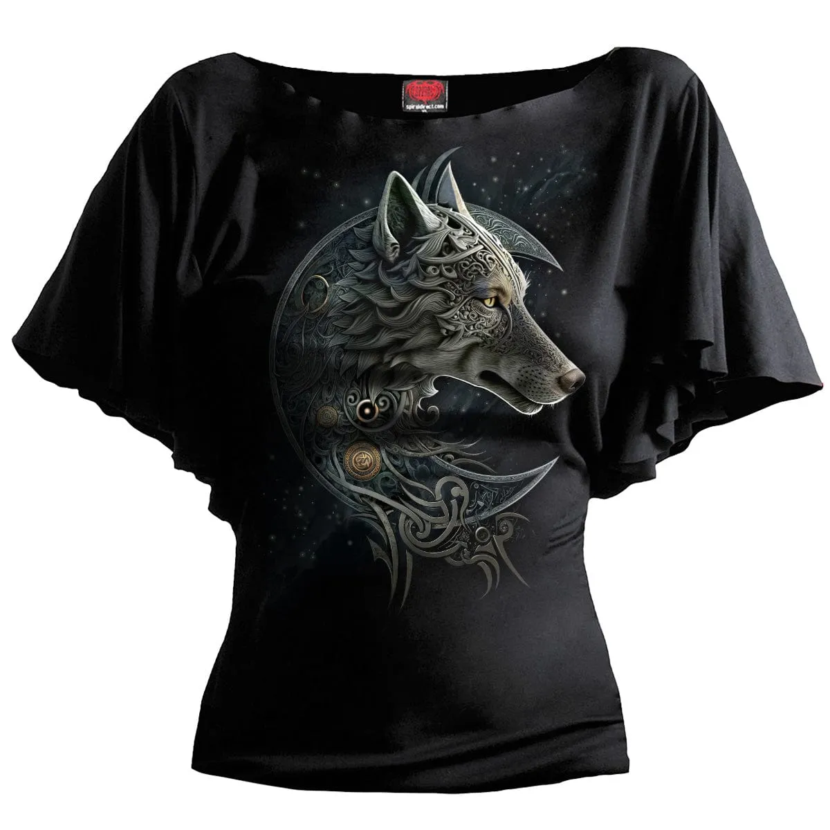 CELTIC WOLF - Boat Neck Bat Sleeve Top Black sold by Spiral Direct
