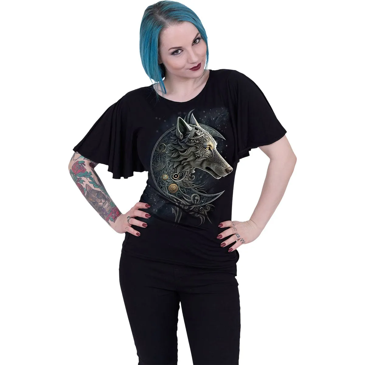 CELTIC WOLF - Boat Neck Bat Sleeve Top Black sold by Spiral Direct product image thumbnail 2