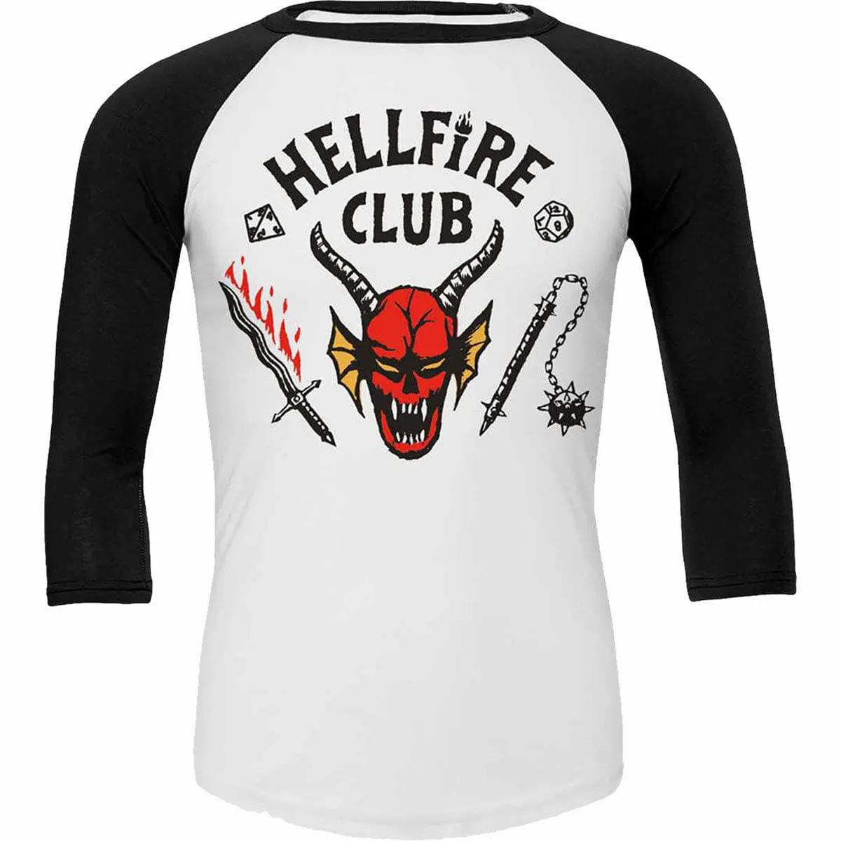 STRANGER THINGS 4 - HELLFIRE CLUB CREST - Raglan Contrast 3/4 Longsleeve Black & White sold by Spiral Direct