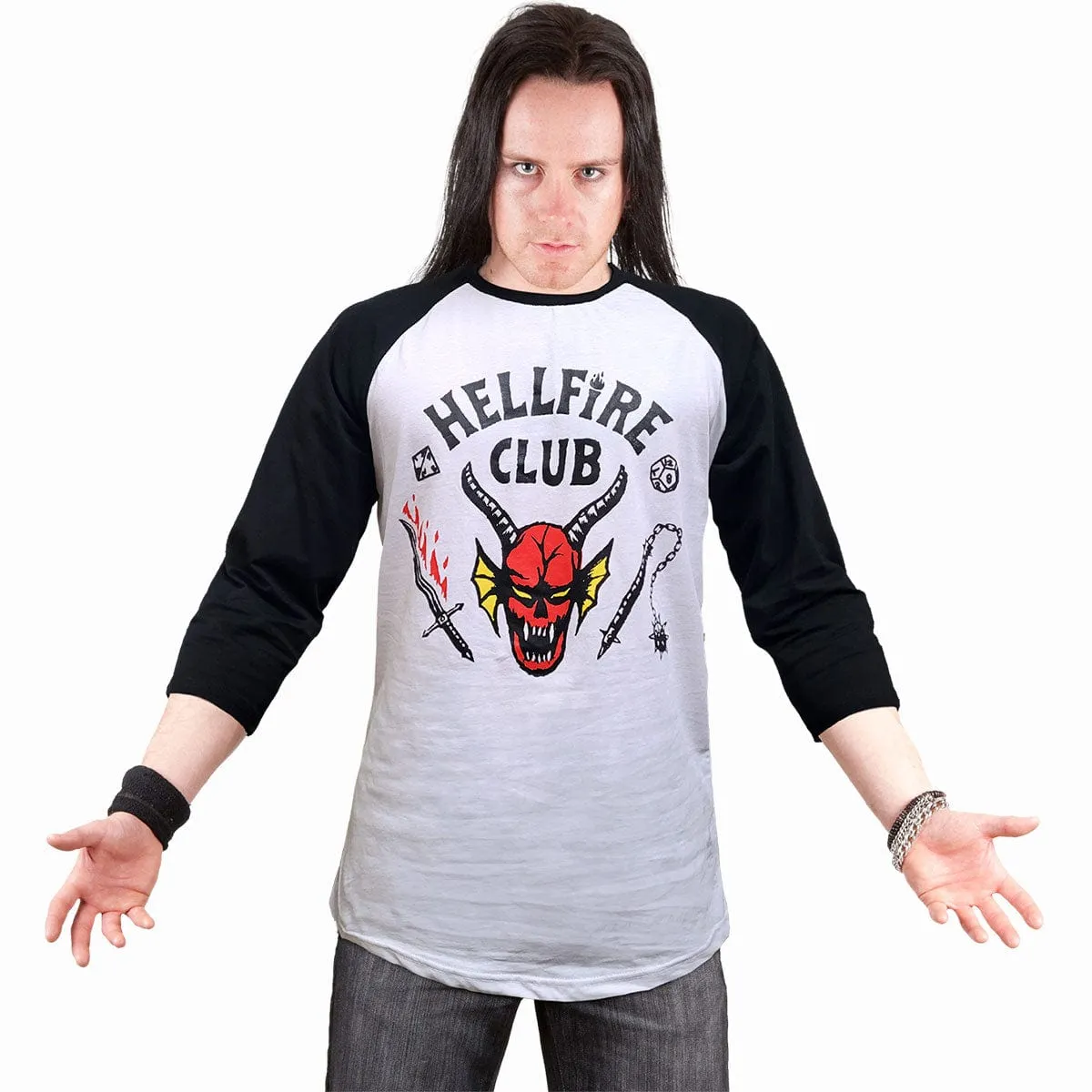 STRANGER THINGS 4 - HELLFIRE CLUB CREST - Raglan Contrast 3/4 Longsleeve Black & White sold by Spiral Direct product image thumbnail 2
