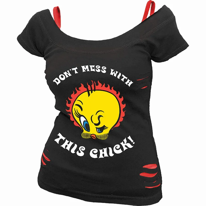 TWEETY - TOUGH CHICK - 2in1 Red Ripped Top Black made by Spiral Direct