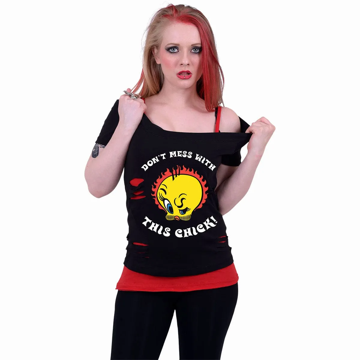 TWEETY - TOUGH CHICK - 2in1 Red Ripped Top Black sold by Spiral Direct product image thumbnail 2