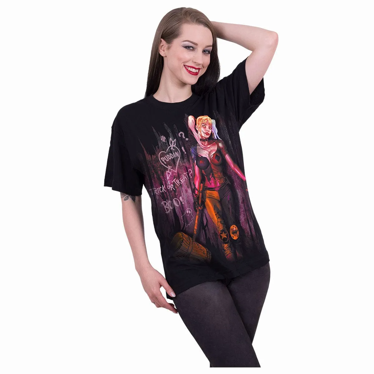 HARLEY QUINN - TRICK OR TREAT - Front Print T-Shirt Black sold by Spiral Direct product image thumbnail 2