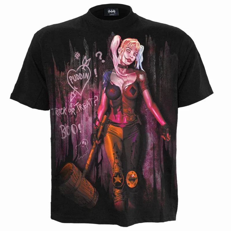 HARLEY QUINN - TRICK OR TREAT - Front Print T-Shirt Black sold by Spiral Direct