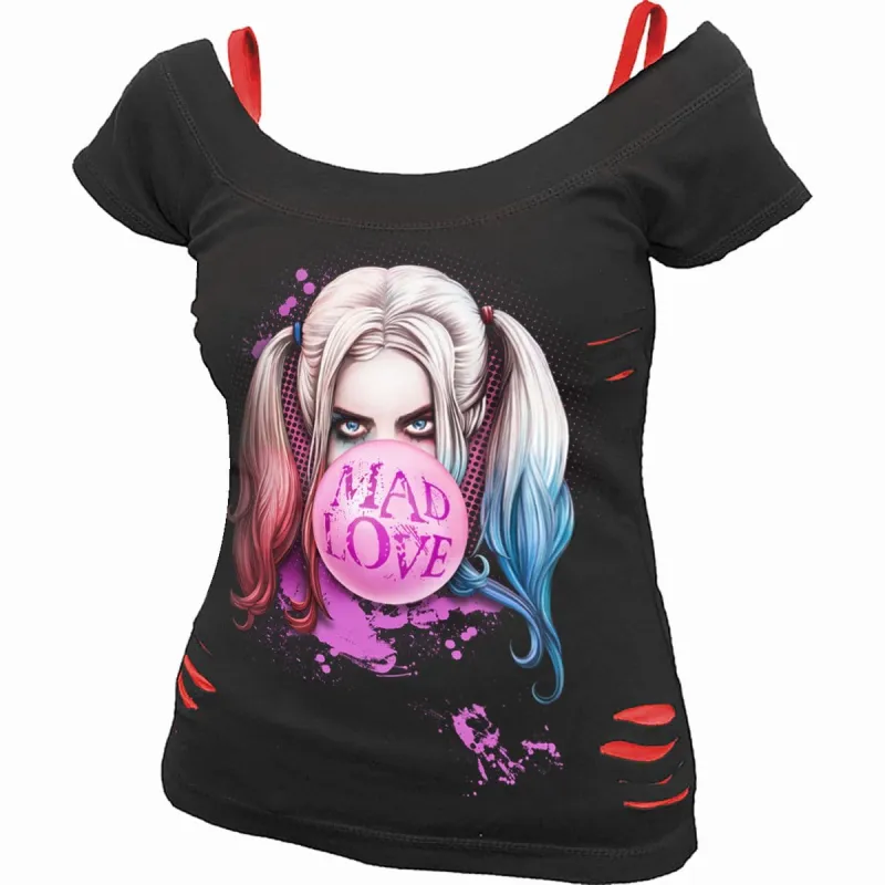 HARLEY QUINN - MAD LOVE - 2in1 Red Ripped Top Black sold by Spiral Direct