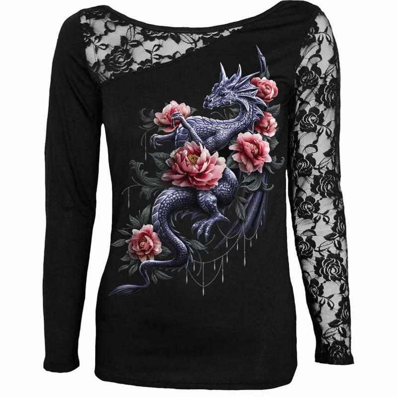 DRAGON ROSE SLANT - Lace One Shoulder Top Black sold by Spiral Direct