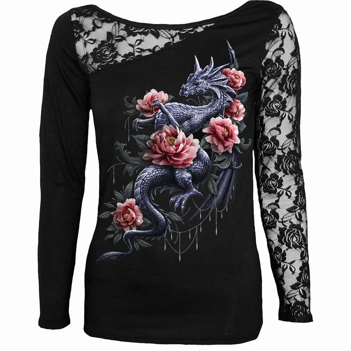DRAGON ROSE SLANT - Lace One Shoulder Top Black sold by Spiral Direct