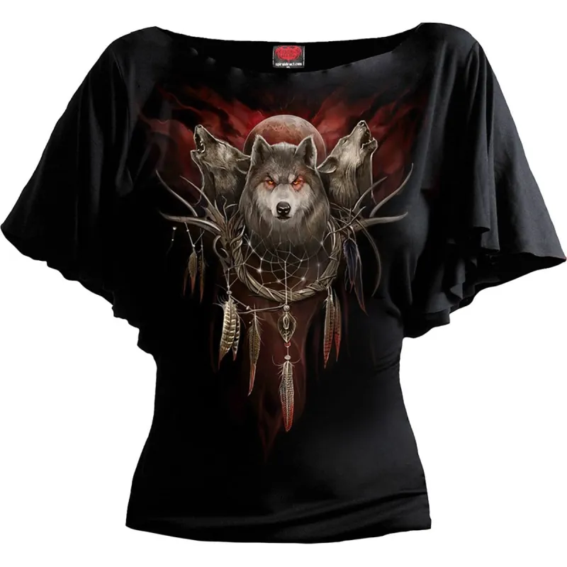 CRY OF THE WOLF - Boat Neck Bat Sleeve Top Black sold by Spiral Direct