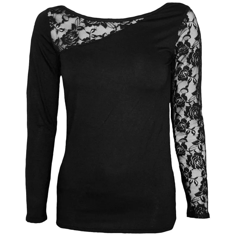 GOTHIC ELEGANCE - Lace One Shoulder Top Black sold by Spiral Direct