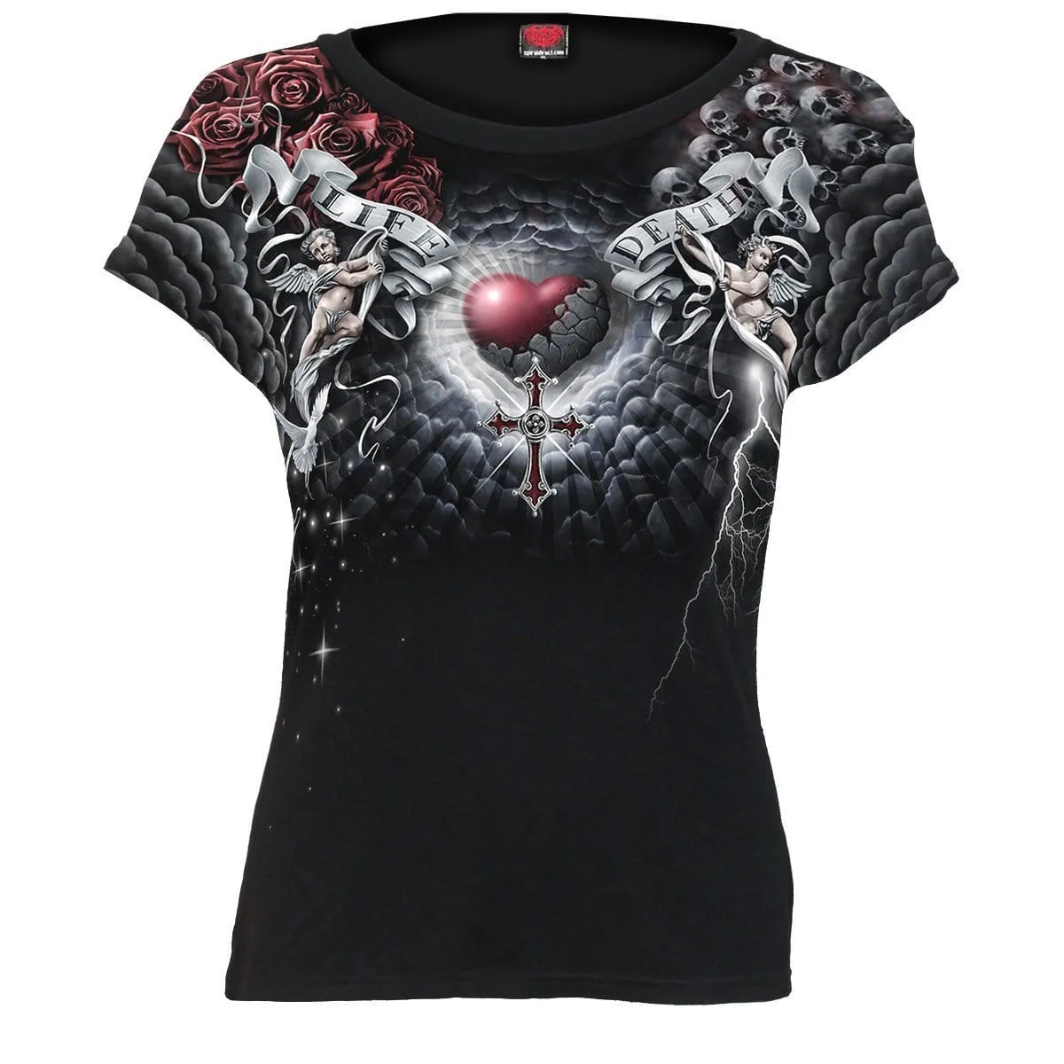 LIFE AND DEATH CROSS - Allover Cap Sleeve Top Black sold by Spiral Direct