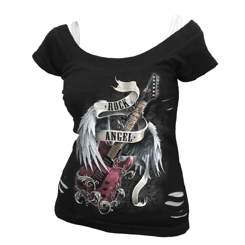 ROCK ANGEL - 2in1 White Ripped Top Black sold by Spiral Direct