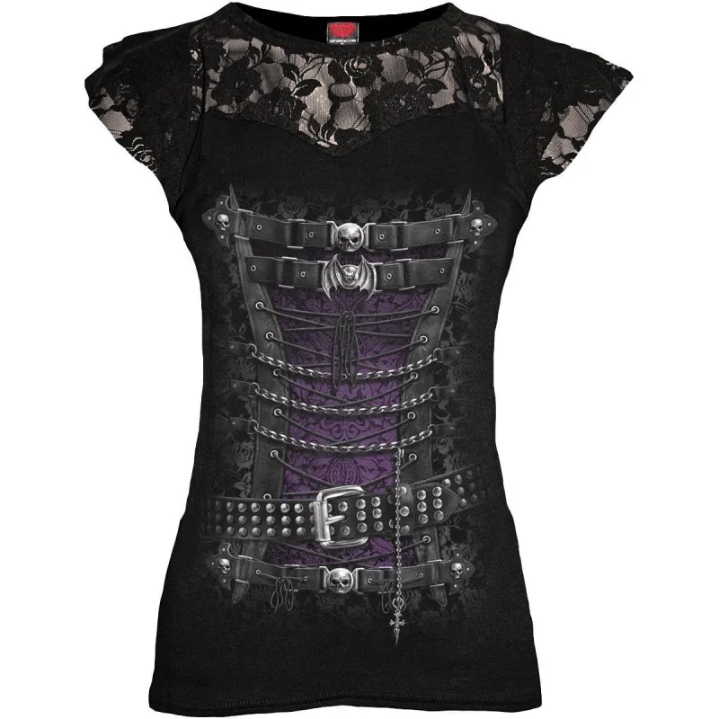 WAISTED CORSET - Lace Layered Cap Sleeve Top Black sold by Spiral Direct