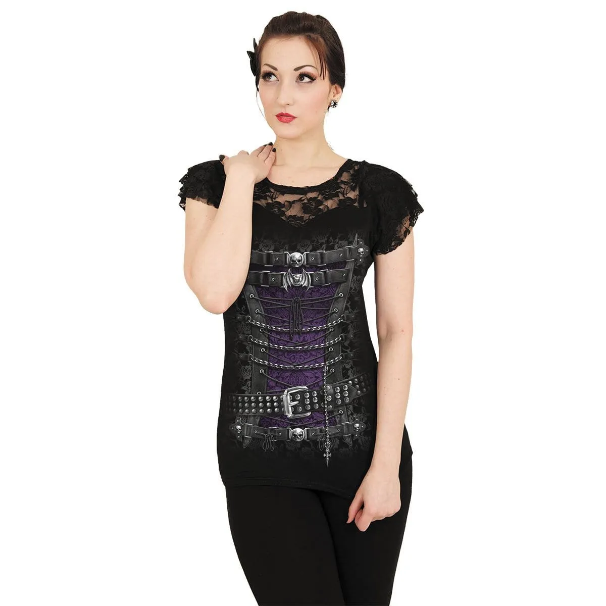 WAISTED CORSET - Lace Layered Cap Sleeve Top Black sold by Spiral Direct product image thumbnail 2
