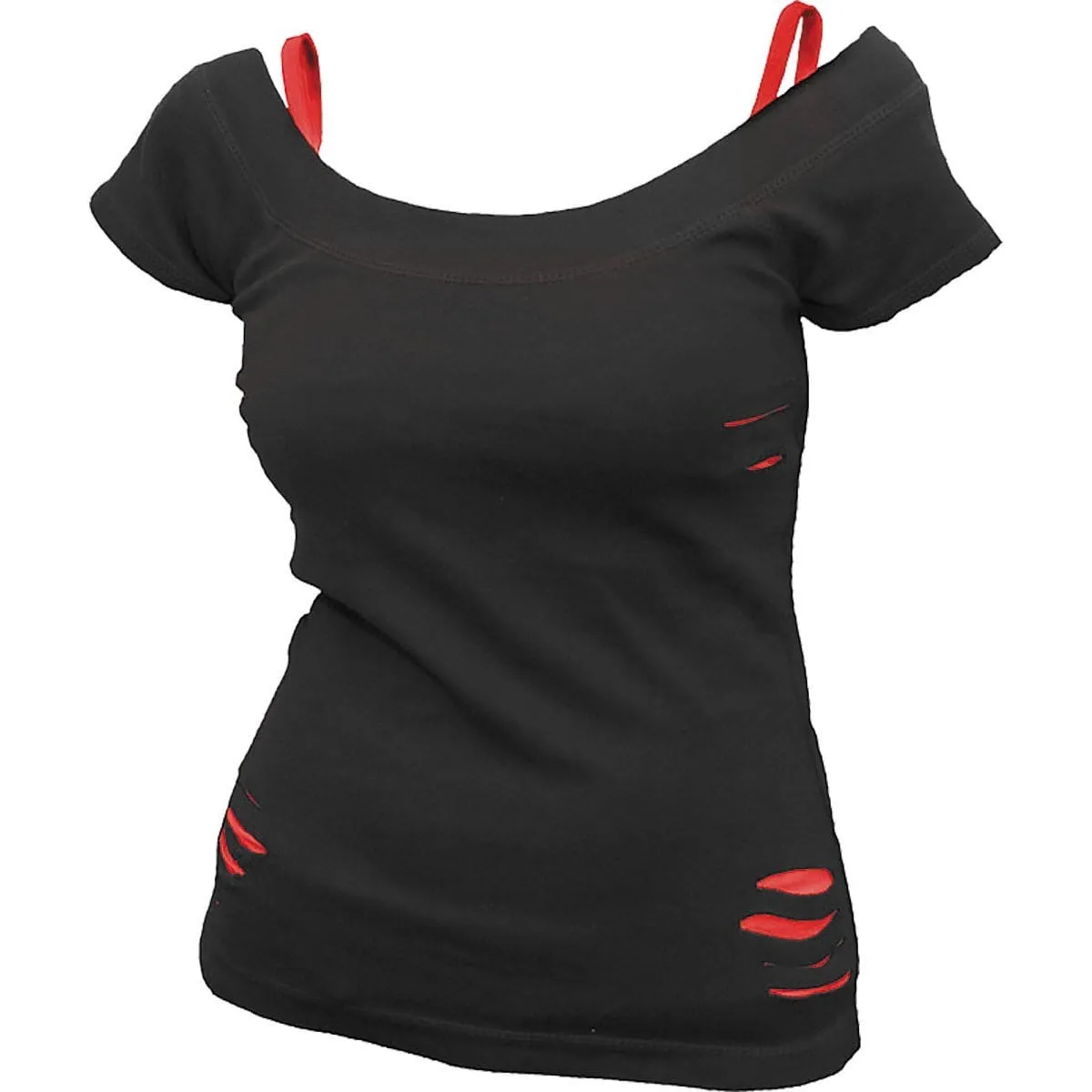 URBAN FASHION - 2in1 Red Ripped Top Black sold by Spiral Direct